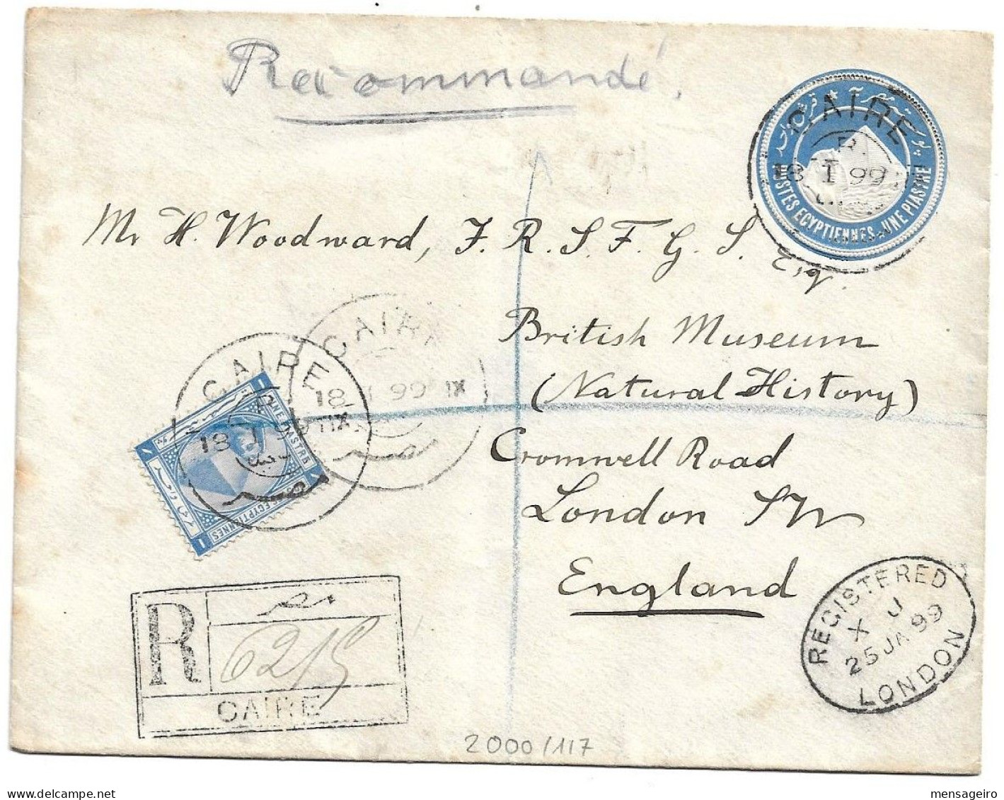 (C04) REGISTRED 1P. STATIONERY COVER UPRATED BY 1P. STAMP CAIRE/R => UK 1899 - BRITISH MUSEUM - 1866-1914 Khedivato De Egipto