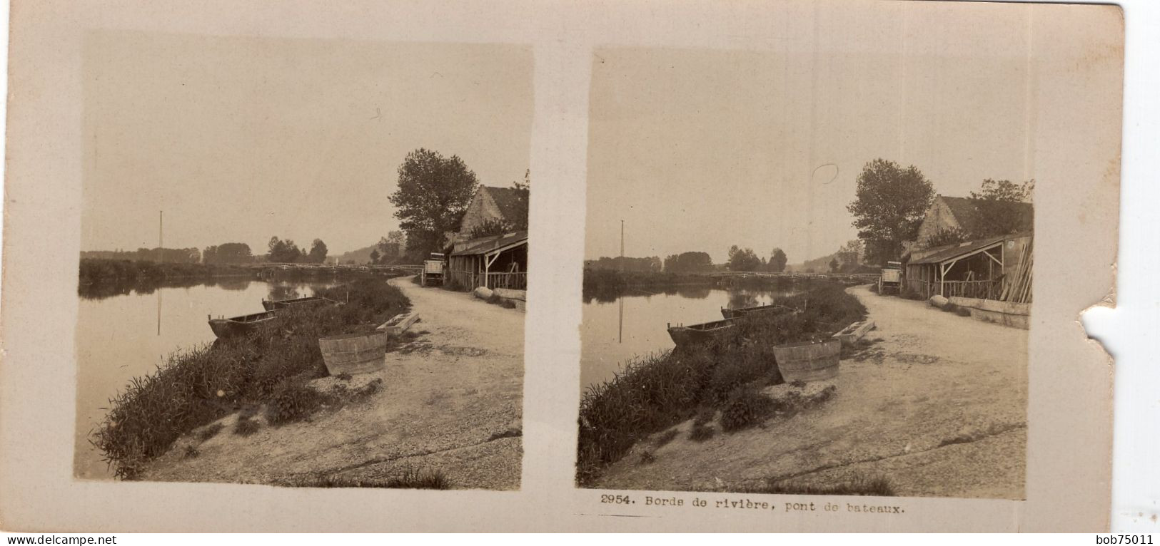 Photo Stéréoscopique De 14-18 , Bords De Rivière , Pont De Bateaux - 1914-18