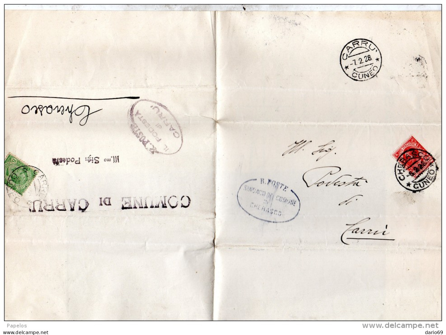 1928  LETTERA  CON ANNULLO  CARRU'  CUNEO + CHERASCO - Storia Postale