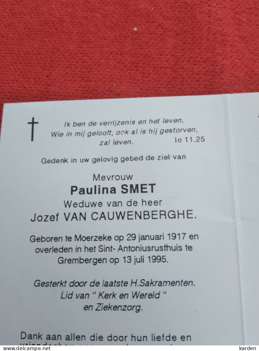 Doodsprentje Paulina Smet / Moerzeke 29/1/1917 Grembergen 13/7/1995 ( Jozef Van Cauwenberghe ) - Religion & Esotericism