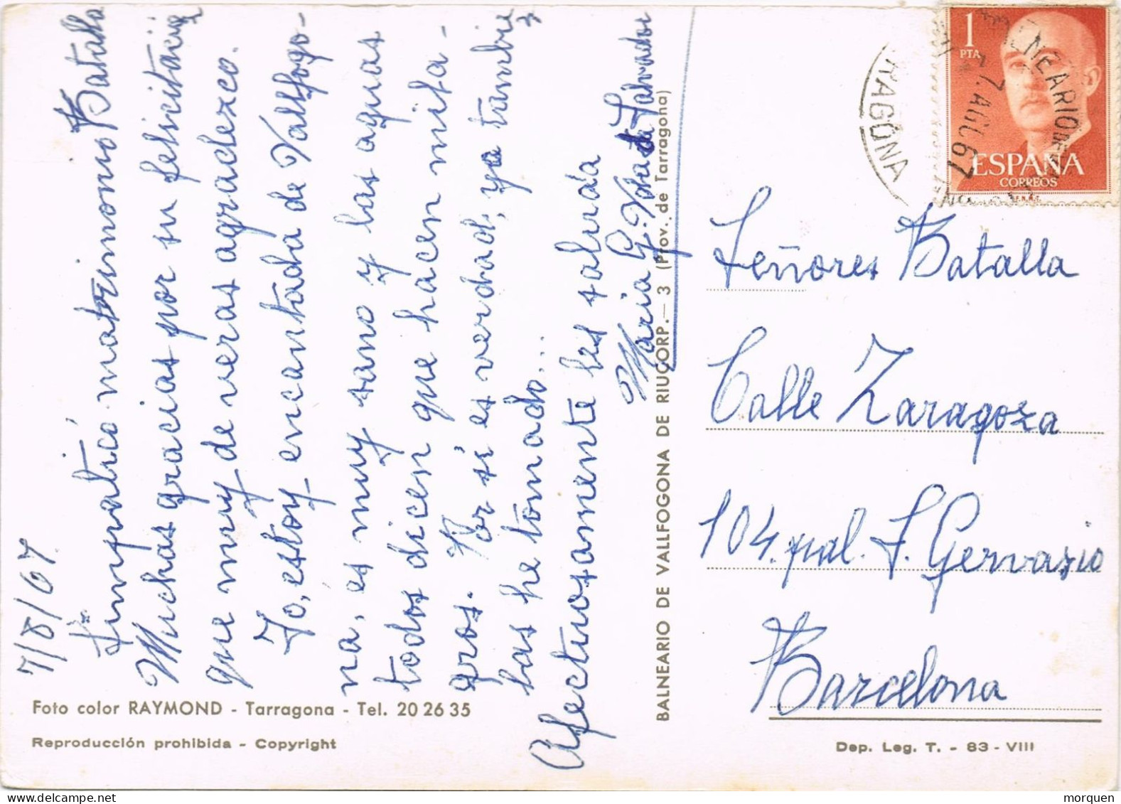 54864. Postal BALNEARIO VALLFOGONA De RIUCORB (Tarragona) 1967.  Fechador Y Vistas Del Balneario - Cartas & Documentos