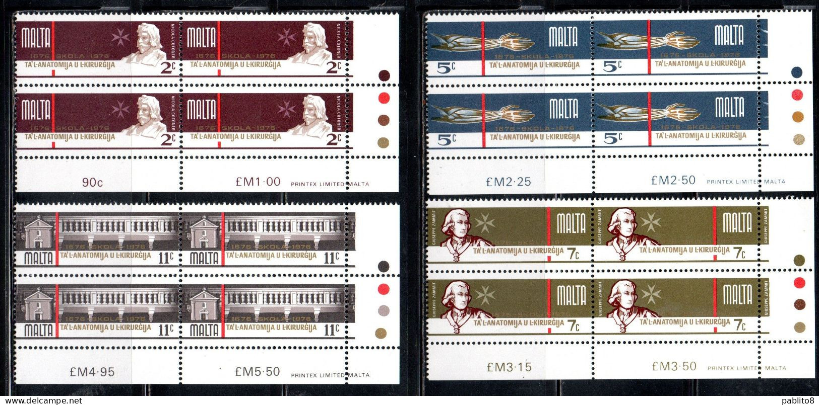 MALTA 1976 SCHOOL OF ANATOMY AND SURGERY SCUOLA DI ANATOMIA E CHIRURGIA COMPLETE SET SERIE COMPLETA BLOCK QUARTINA MNH - Malta