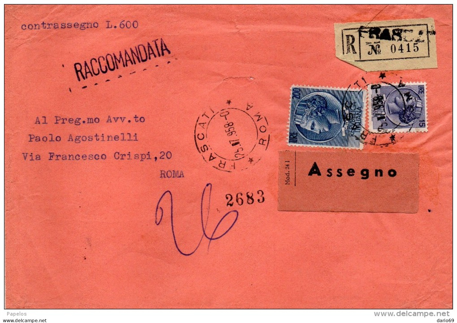 1958  LETTERA RACCOMANDATA CON ANNULLO FRASCATI ROMA - 1946-60: Marcophilia