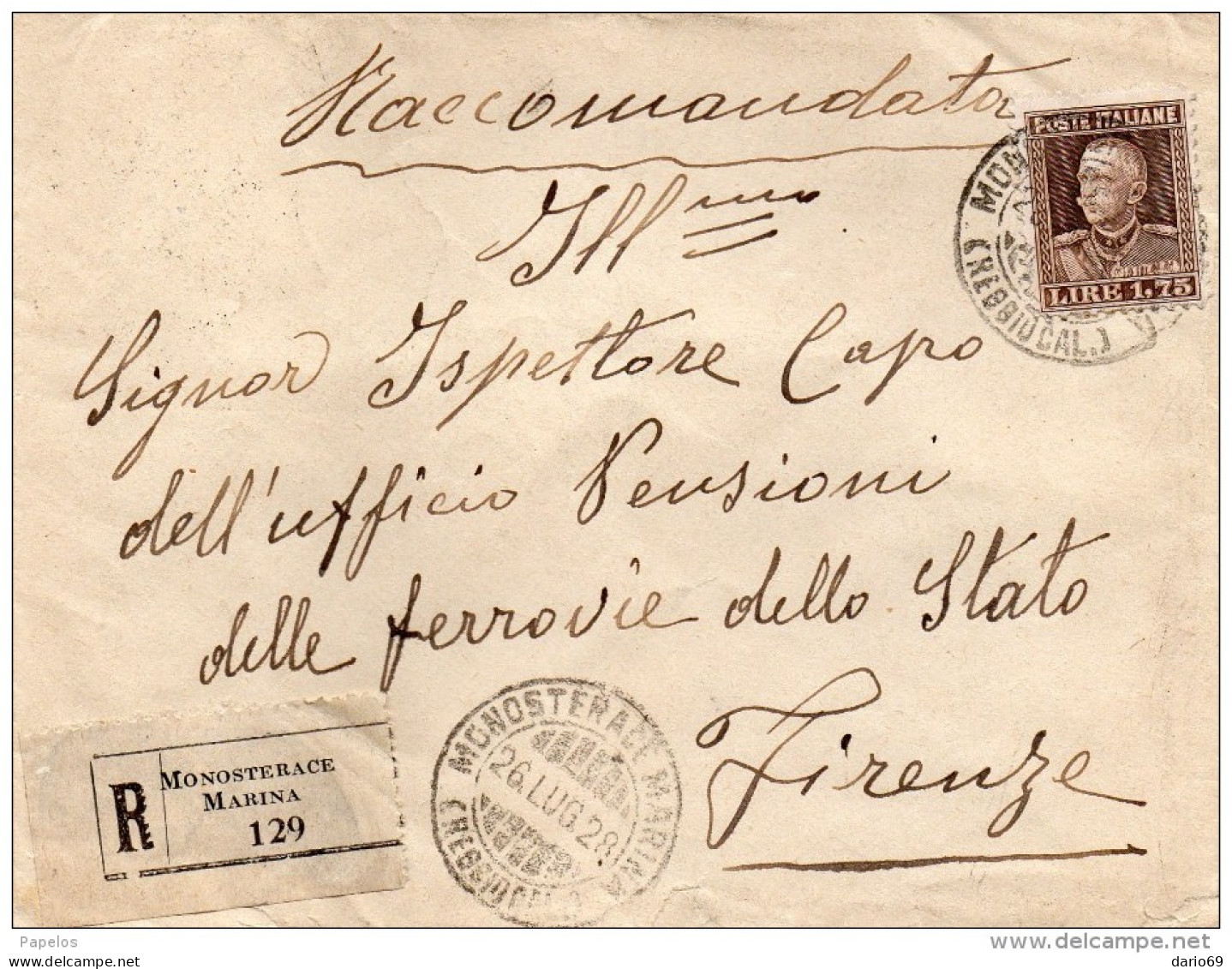 1928  LETTERA RACCOMANDATA CON ANNULLO  MONOSTERACE MARINA REGGIO CALABRIA - Storia Postale