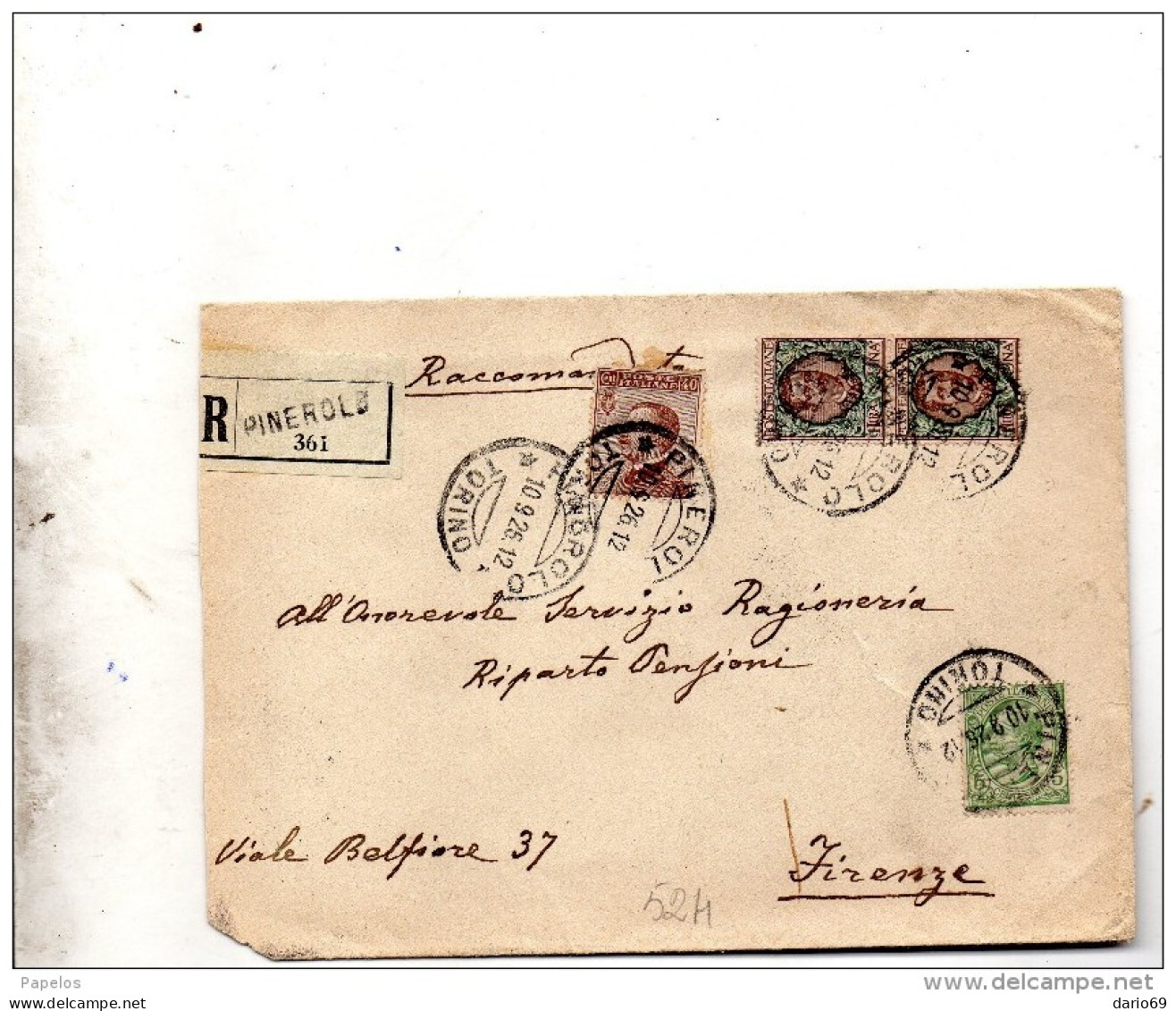 1926  LETTERA RACCOMANDATA  CON ANNULLO PINEROLO    TORINO - Storia Postale