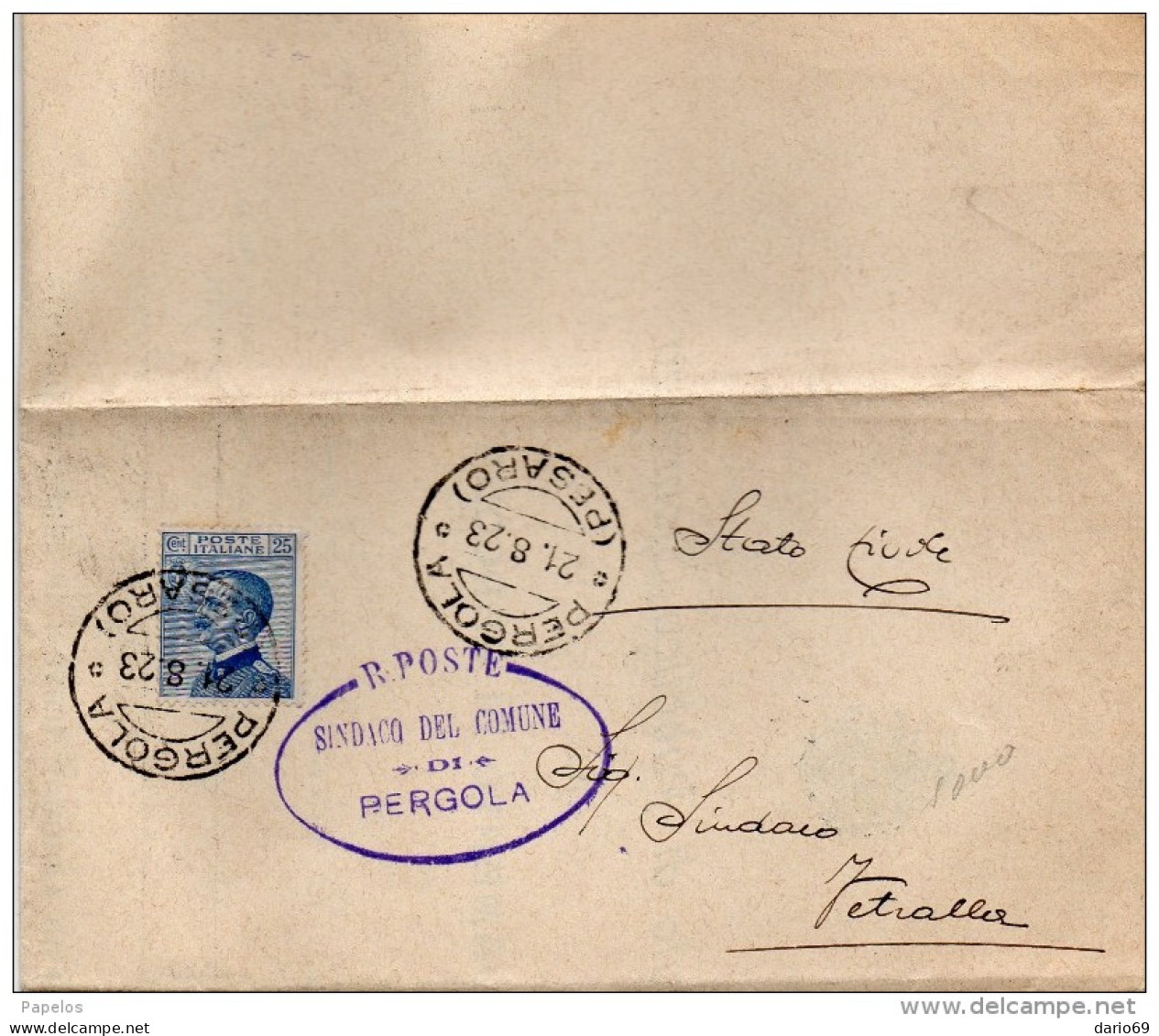 1923  LETTERA CON ANNULLO PERGOLA PESARO - Storia Postale