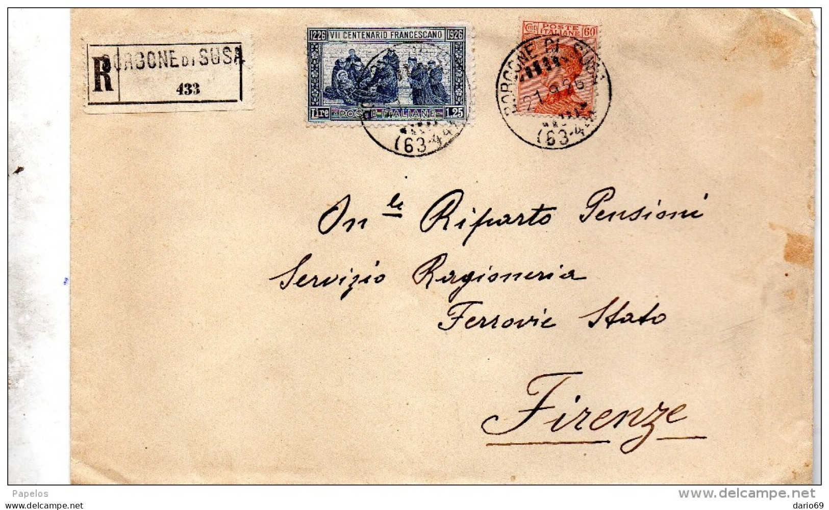 1926  LETTERA RACCOMANDATA  CON ANNULLO  BORGONE DI SUSA TORINO - Storia Postale