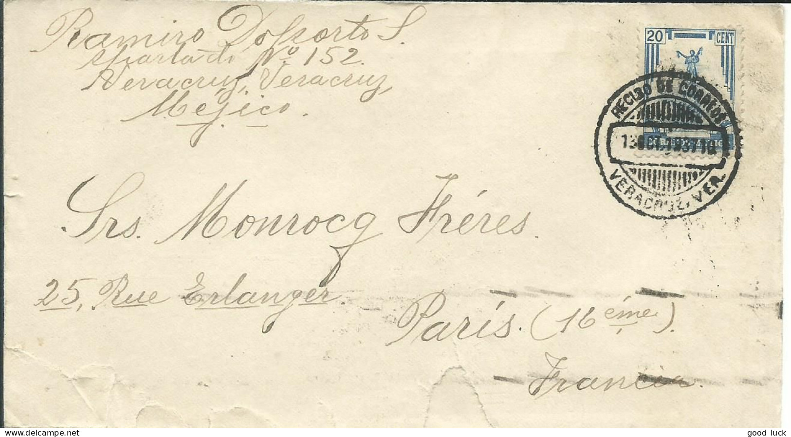 MEXIQUE LETTRE 20c VERACRUZ POUR PARIS DE 1937     LETTRE COVER - Mexico