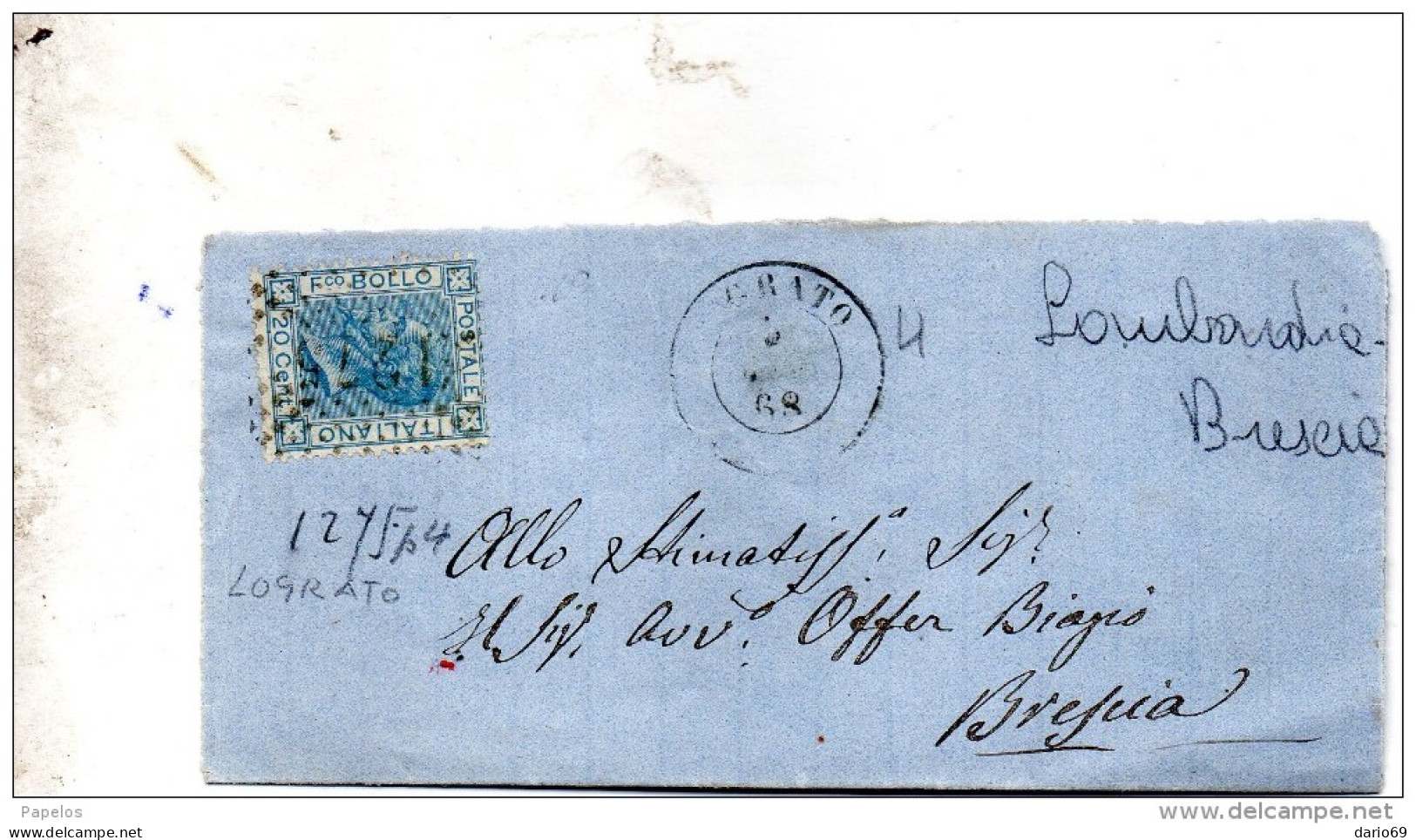 1868  LETTERA CON ANNULLO LOGRATO BRESCIA - Poststempel