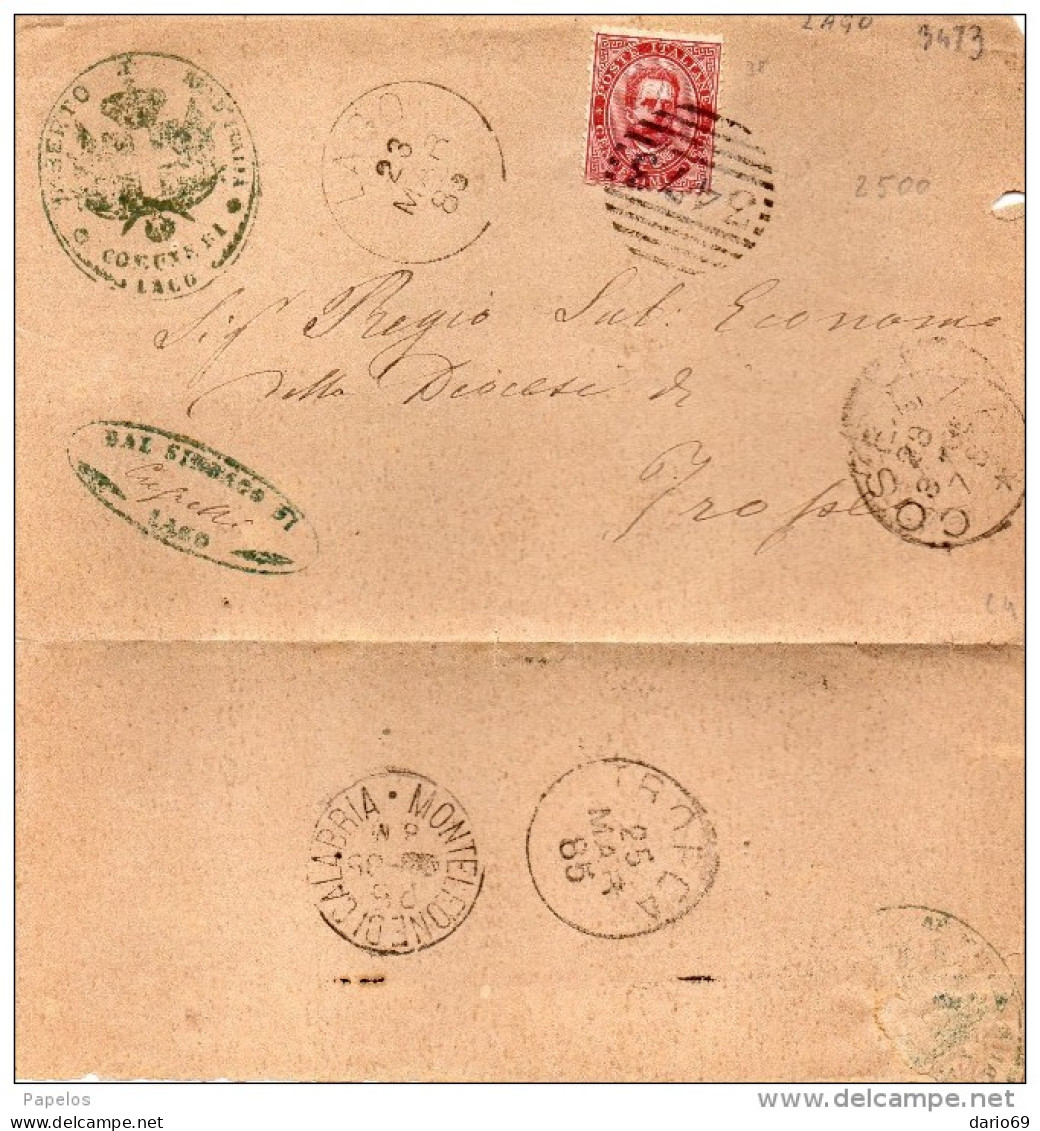 1885  LETTERA CON ANNULLO LAGO  COSENZA + MONTELEONE DI CALABRIA - Marcophilie