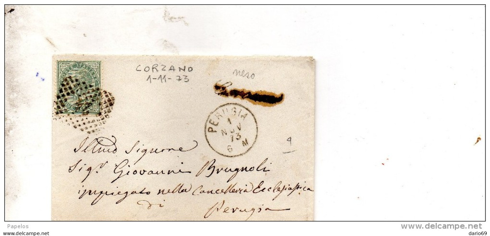 1873  LETTERA CON ANNULLO CORZANO IN CORSIVO +  PERUGIA - Marcophilie