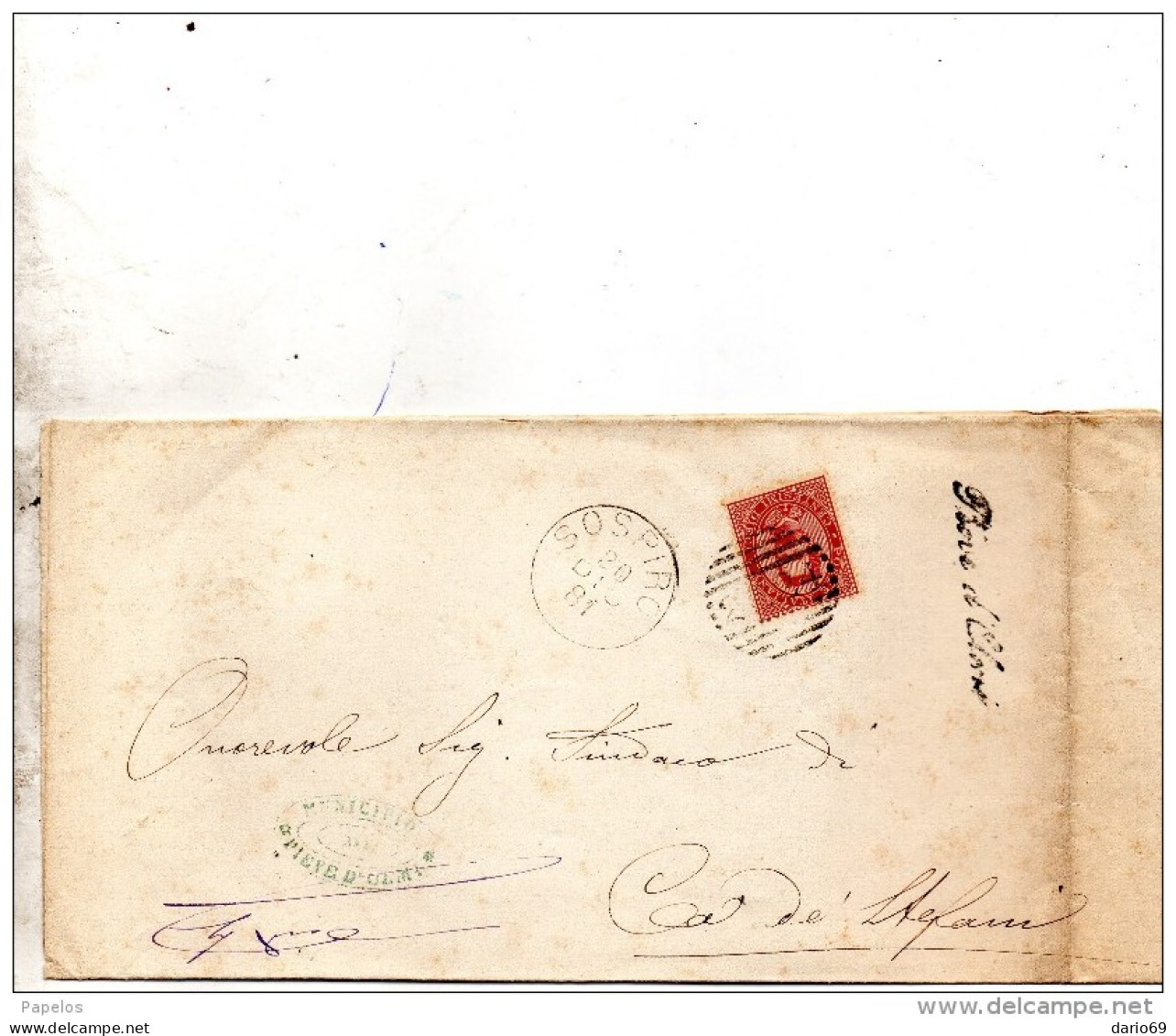 1881 LETTERA CON ANNULLO SOSPIRO CREMONA + PIEVE D'OLMI IN CORSIVO - Marcophilie