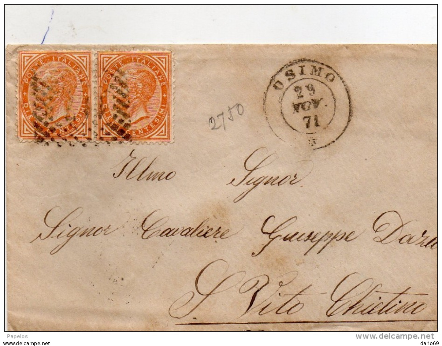 1871  LETTERA CON ANNULLO OSIMO ANCONA - Marcophilie