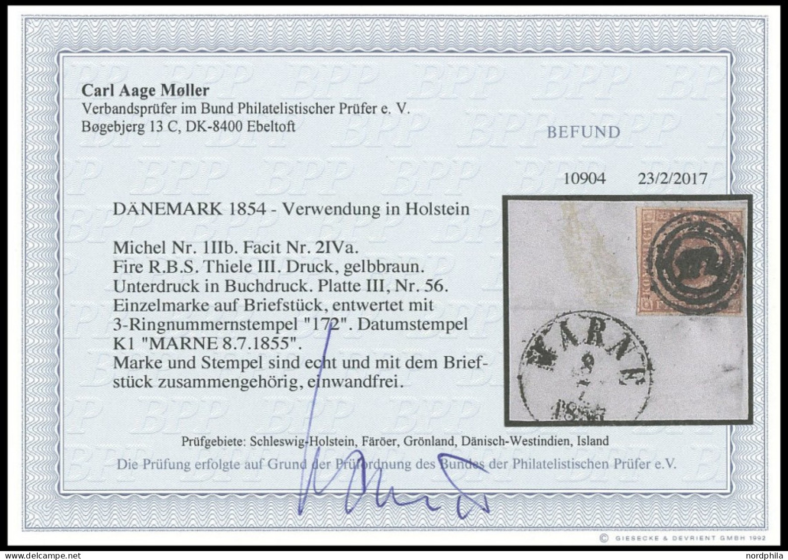 SCHLESWIG-HOLSTEIN DK 1IIb BrfStk, 172 (MARNE) Auf 4 RBS Gelbbraun, Platte III Nr. 56, Auf Briefstück Mit Nebenstempel,  - Schleswig-Holstein