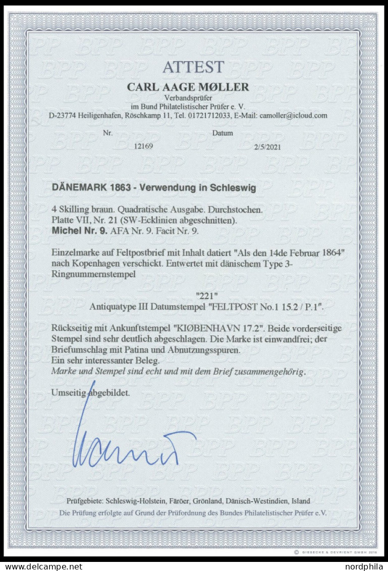 SCHLESWIG-HOLSTEIN DK 9 BRIEF, 221 (FELDPOST Nr. 1) Auf 4 S. Durchstochen, Auf Brief Mit Inhalt, Pracht, Fotoattest C.A. - Schleswig-Holstein