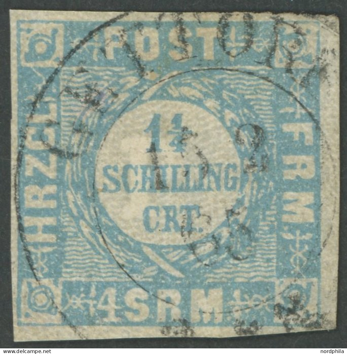 SCHLESWIG-HOLSTEIN 6 O, 1864, 11/4 S. Grauultramarin Mit Zentrischem Ortsstempel GETTORF, Leichte Bugspur Sonst Pracht - Schleswig-Holstein