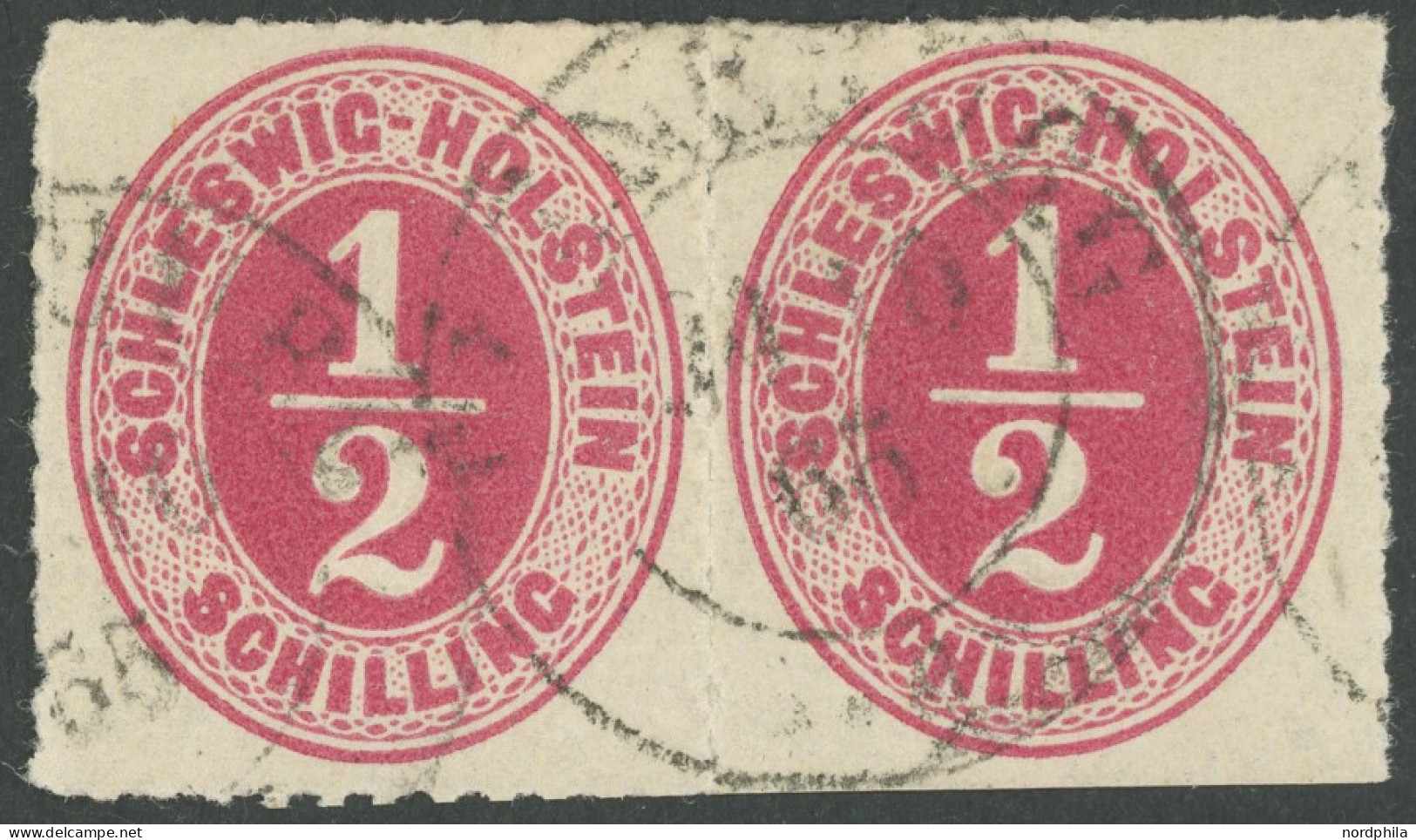 SCHLESWIG-HOLSTEIN 8 Paar O, 1865, 1/2 S. Rosalila Im Waagerechten Paar, K2 NORBURG, Rechte Marke Unten Scherentrennung  - Schleswig-Holstein