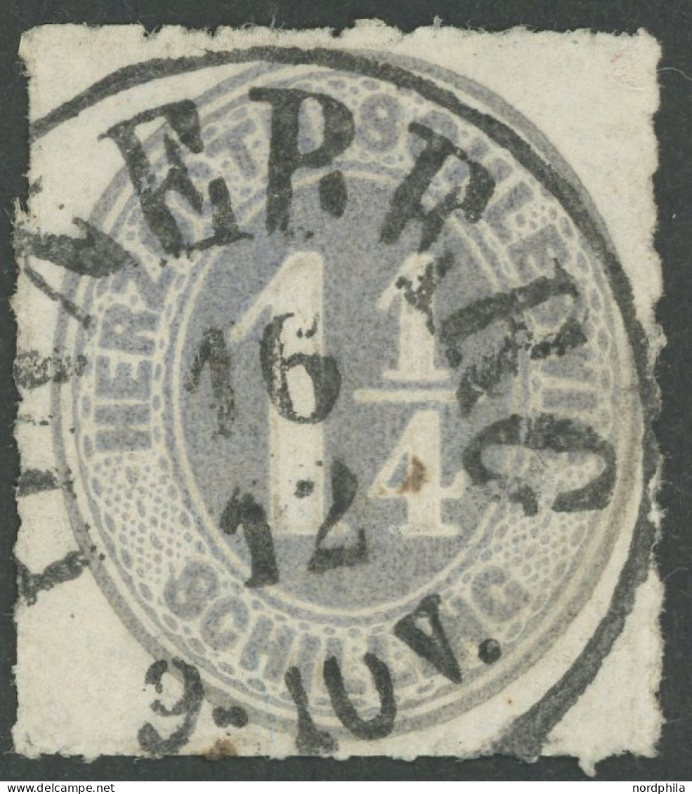 SCHLESWIG-HOLSTEIN 18c O, 1867, 11/4 S. Mittelgrau, Zentrischer K1 PINNEBERG, Pracht, Gepr. W. Engel - Schleswig-Holstein