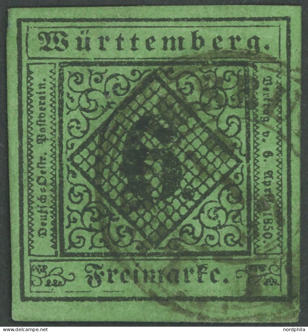 WÜRTTEMBERG 3b O, 1851, 6 Kr. Schwarz Auf Blaugrün, Pracht, Gepr. W. Engel, Mi. 60.- - Altri & Non Classificati