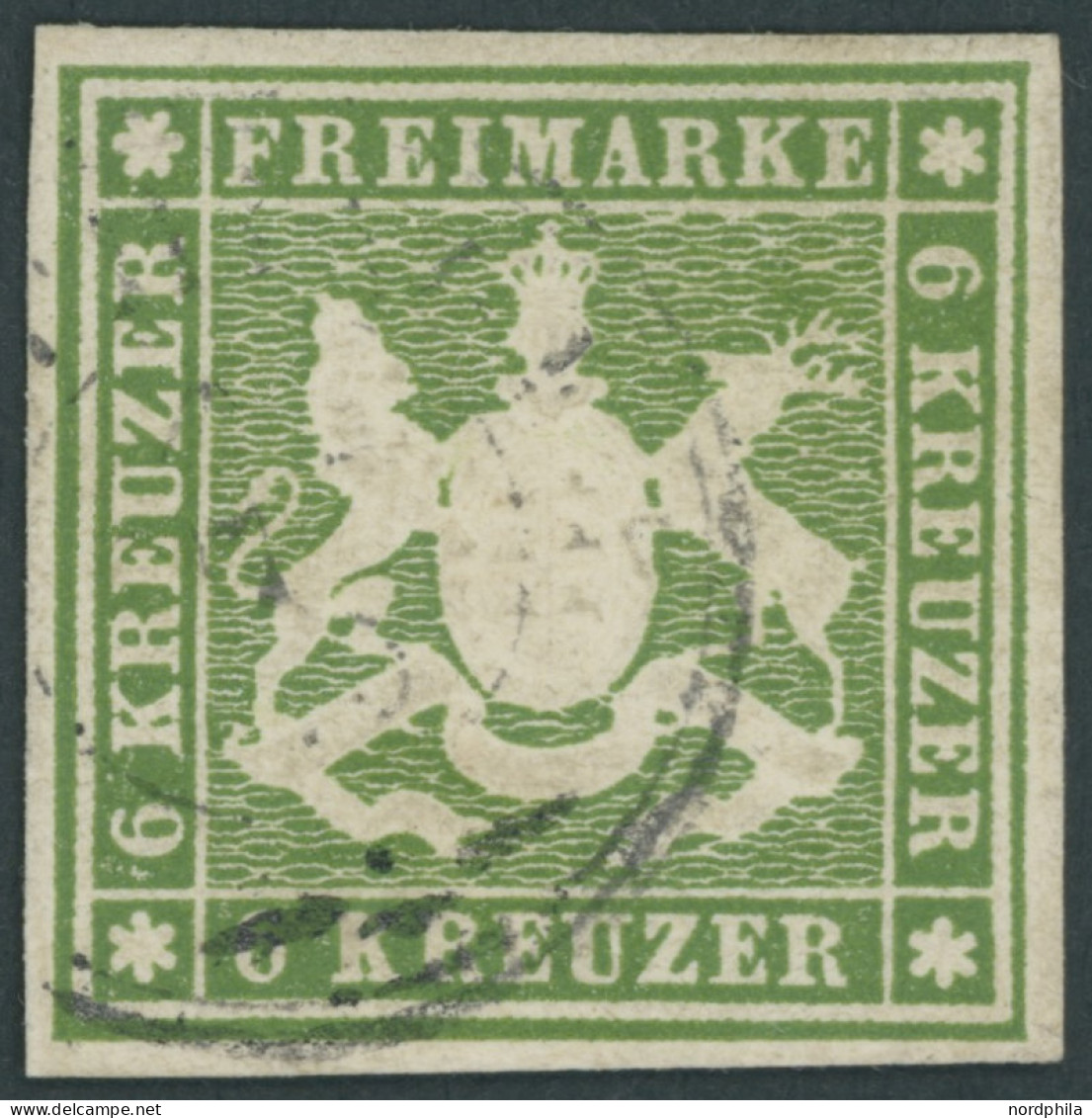 WÜRTTEMBERG 13b O, 1859, 6 Kr. Dunkelgrün, Pracht, Gepr. Thoma, Mi. 350.- - Gebraucht