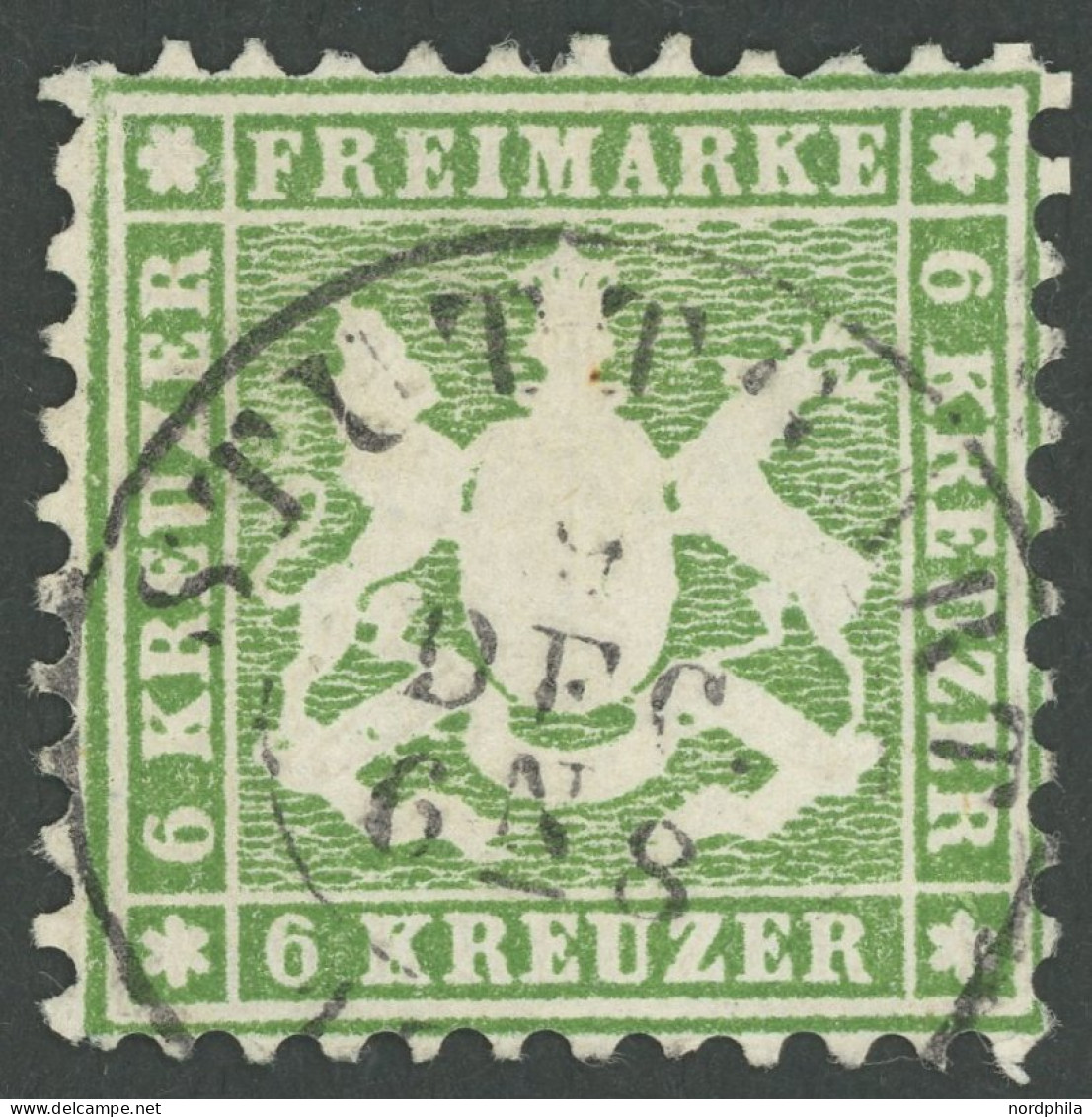 WÜRTTEMBERG 23a O, 1862, 6 Kr. Hellgrün, Normale Zähnung, Pracht, Gepr. Thoma, Mi. 200.- - Oblitérés