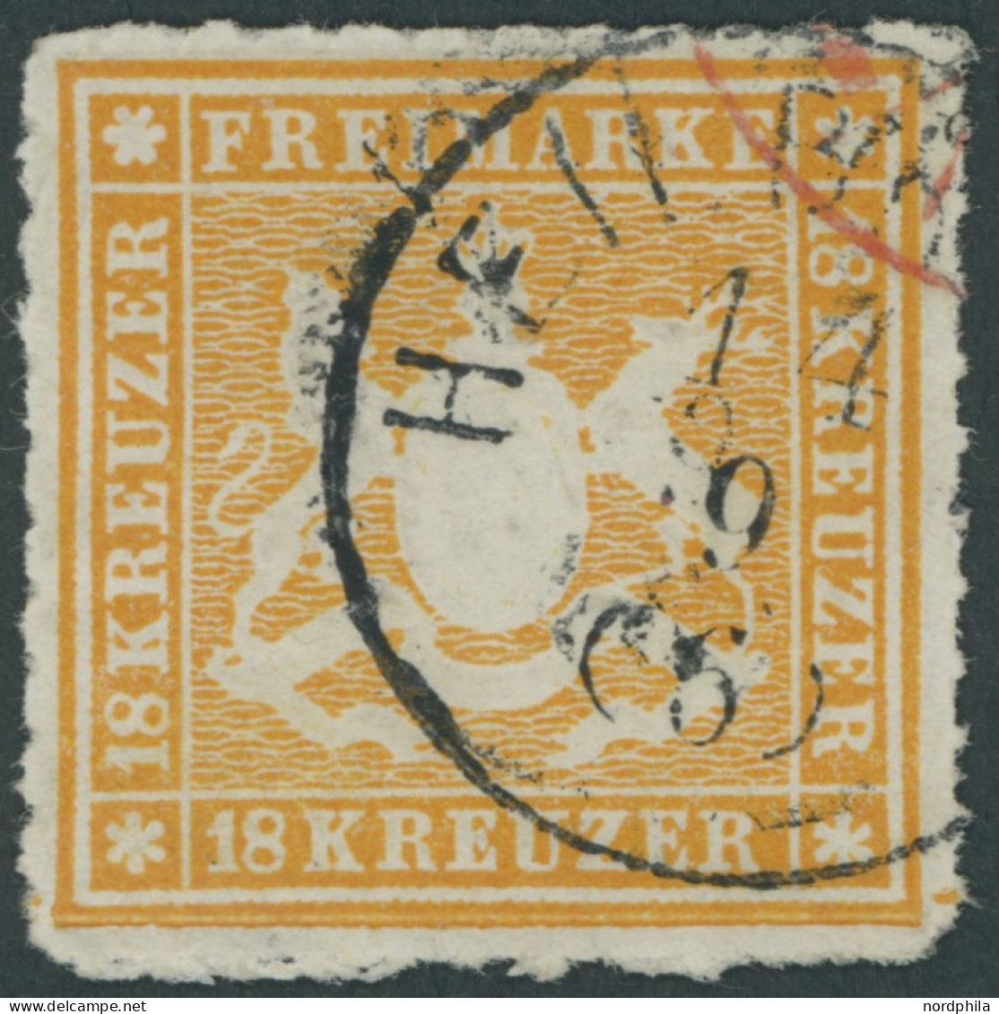 WÜRTTEMBERG 34 O, 1867, 18 Kr. Orangegelb, Pracht, Gepr. Thoma, Mi. 1000.- - Oblitérés