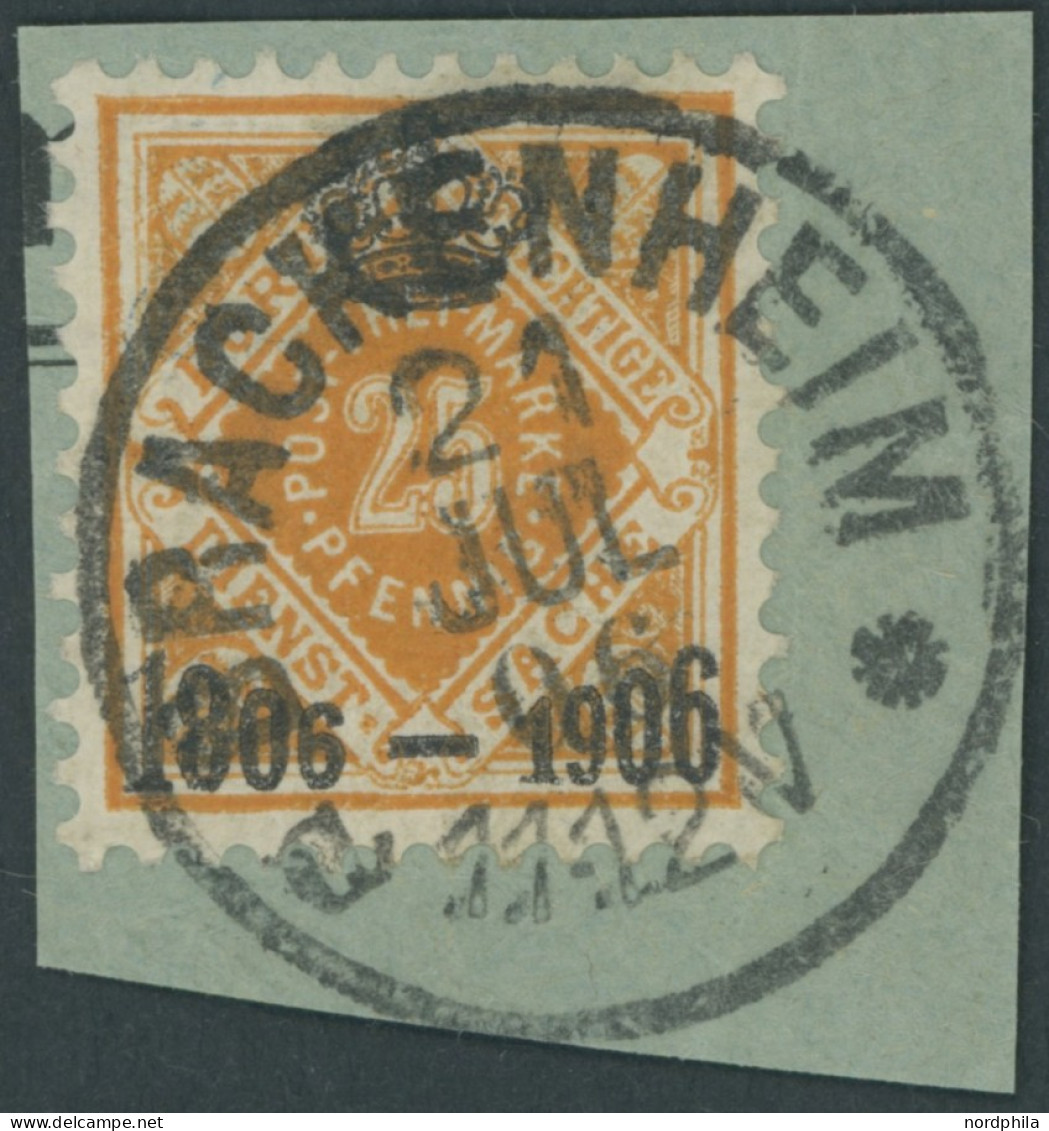 WÜRTTEMBERG 111 BrfStk, 1906, 25 Pf. Dunkelgelblichorange, K1 BRACKENHEIM, Postabschnitt, Prachtbriefstück, Mi. (90.-) - Sonstige & Ohne Zuordnung