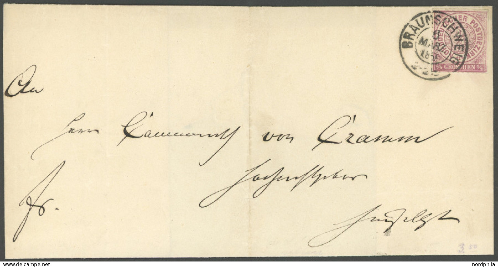 NDP 1a BRIEF, 1869, 1/4 Gr. Braunviolett, Einzelfrankatur Auf Briefhülle (senkrecht Gefaltet) Mit K2 BRAUNSCHWEIG, Prach - Other & Unclassified