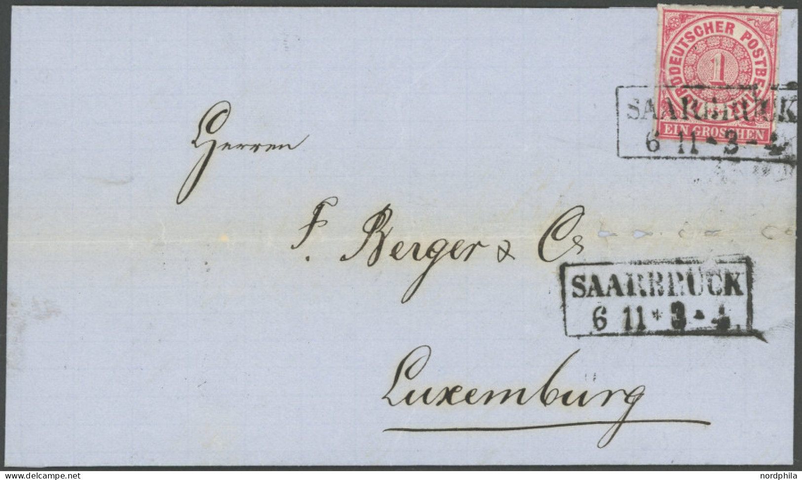 NDP 4 BRIEF, 1868, 1 Gr. Mittelrötlichkarmin Mit R2 SAARBRÜCK Nach Luxemburg!, Waagerechter Registraturmangel, Seltene D - Storia Postale