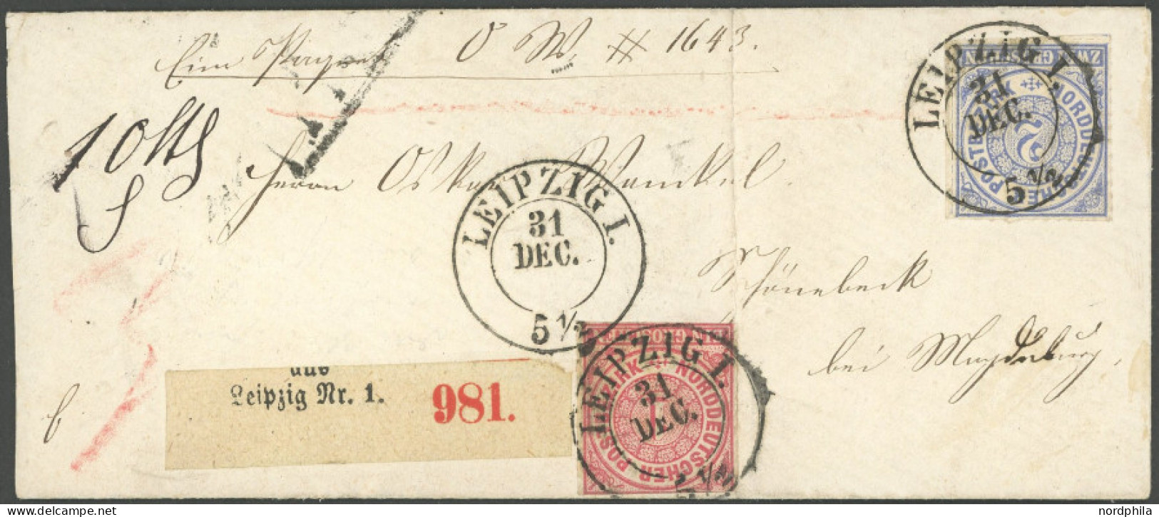 NDP 4/5 BRIEF, 1868, 1 Gr. Mittelrötlichkarmin Und 2 Gr. Blau Mit K2 LEIPZIG I. (ohne Jahreszahl) Auf Paketbegleitbrief  - Briefe U. Dokumente