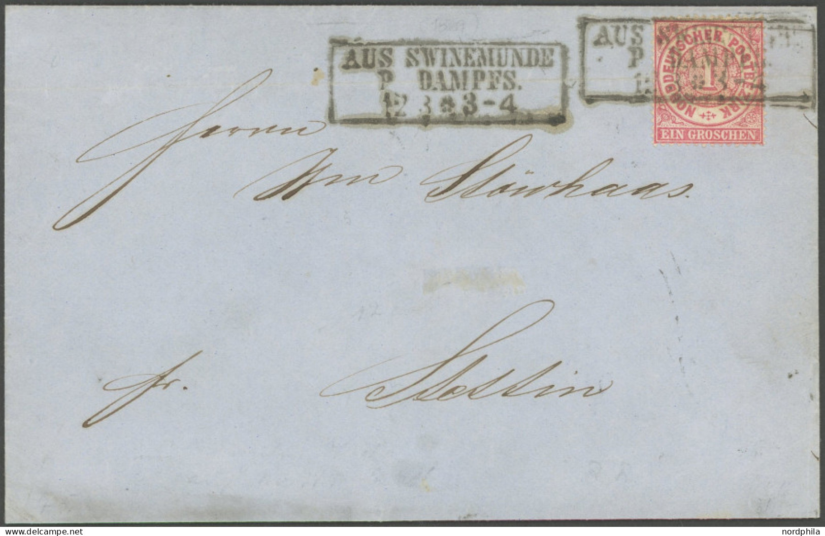 NDP 16 BRIEF, 1869, 1 Gr. Karmin Mit R3 AUS SWINEMÜNDE P DAMPFS. Auf Brief Nach Stettin, Feinst (waagerechter Reg-bug),  - Cartas & Documentos