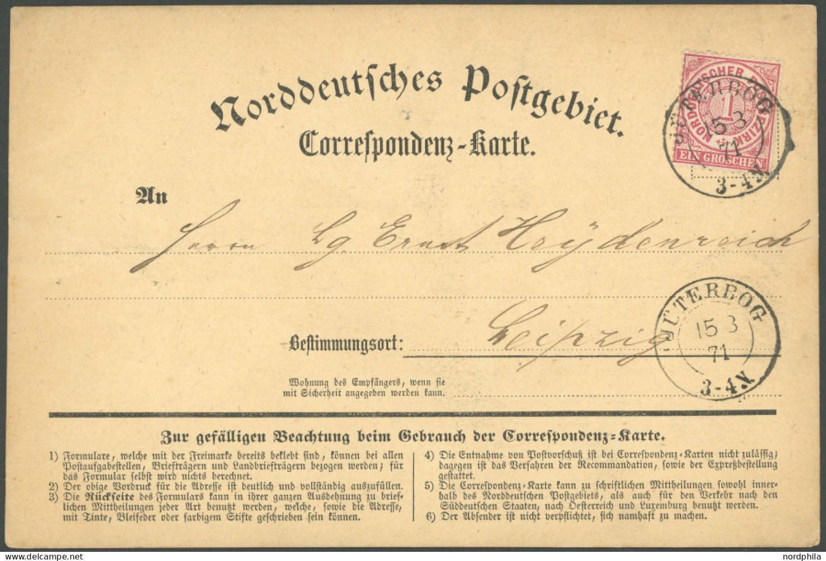 NDP 16 BRIEF, 1871, 1 Gr. Karmin Auf Correspondenzkarte Mit K2 JÜTEBORG Nach Leipzig, Rückseitiger Hufeisenstempel B. AU - Andere & Zonder Classificatie