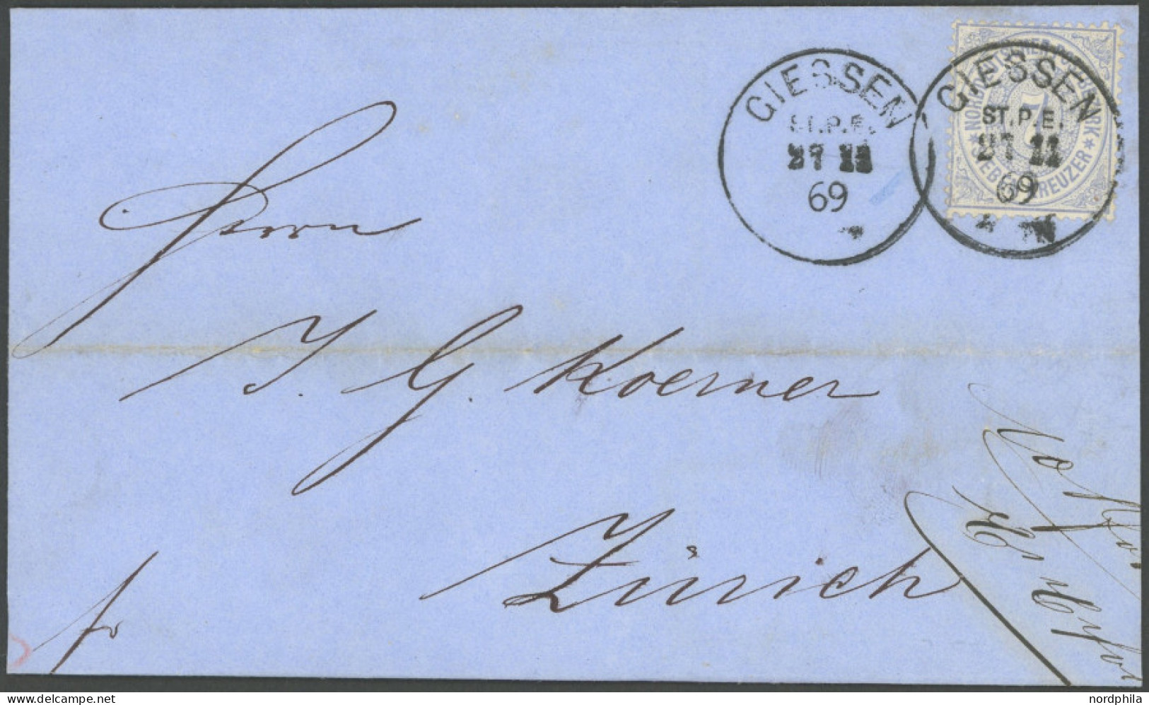 NDP 22 BRIEF, 1869, 7 Kr. Graublau, Gezähnt, Einzelfrankatur Mit K1 GIESSEN ST.P.E. Nach Zürich, Pracht - Altri & Non Classificati