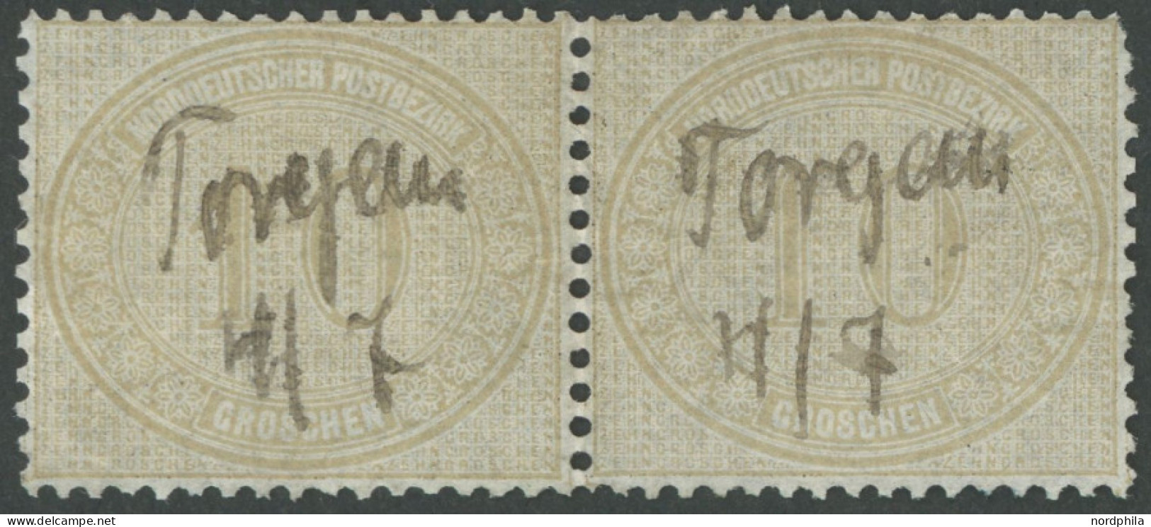 NDP 25 Paar ~ , 1869, 10 Gr. Braungrau Im Waagerechten Paar, Handschriftlich TORGAU, Feinst - Autres & Non Classés