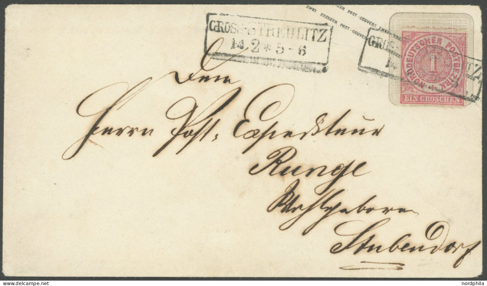 NDP U 39 BRIEF, 1867, 1 Gr. Rosa Auf 2 Kr. Orange Aufbrauchsumschlag, R2 GROSS-STREHLITZ, Feinst - Enteros Postales