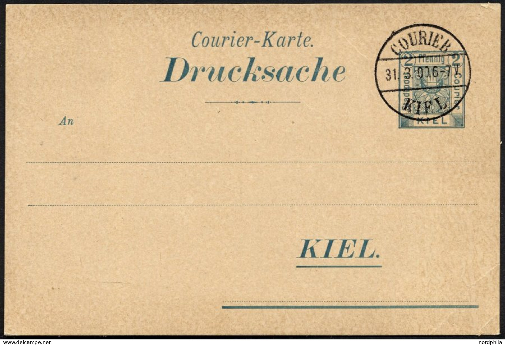 KIEL A P 26I BRIEF, COURIER: 1899, 2 Pf. Grün, Zierstrich Type I, Leer Gestempelt, Karte Feinst - Postes Privées & Locales