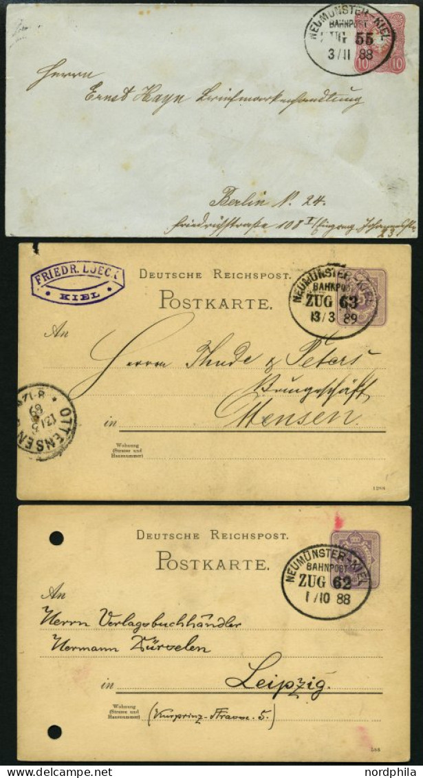 BAHNPOST Neumünster-Kiel (Zug 55,62,63 Und 653) 1888-1890, 4 Belege, Dazu Eine Alte Ansichtskarte Vom Bahnhof Einfeld, F - Frankeermachines (EMA)