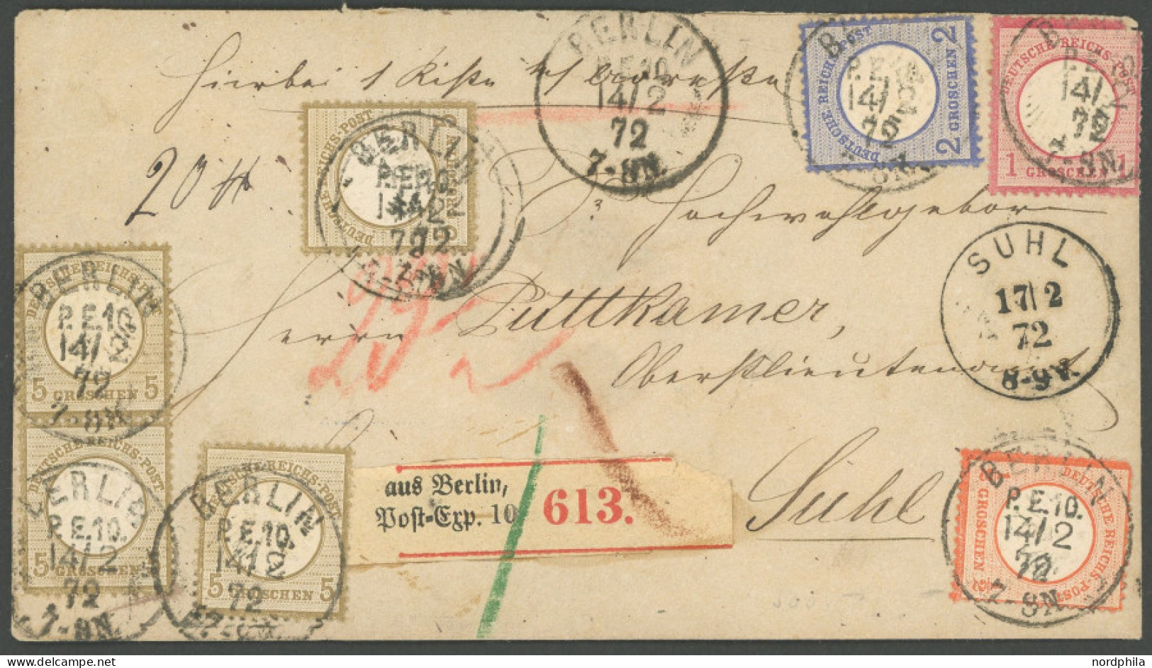 Dt. Reich 3-6 BRIEF, 1872, Paketbegleitbrief Mit Vierfarbenfrankatur Von BERLIN P.E. 10 Nach Suhl, Dekorativer Prachtbri - Sonstige & Ohne Zuordnung