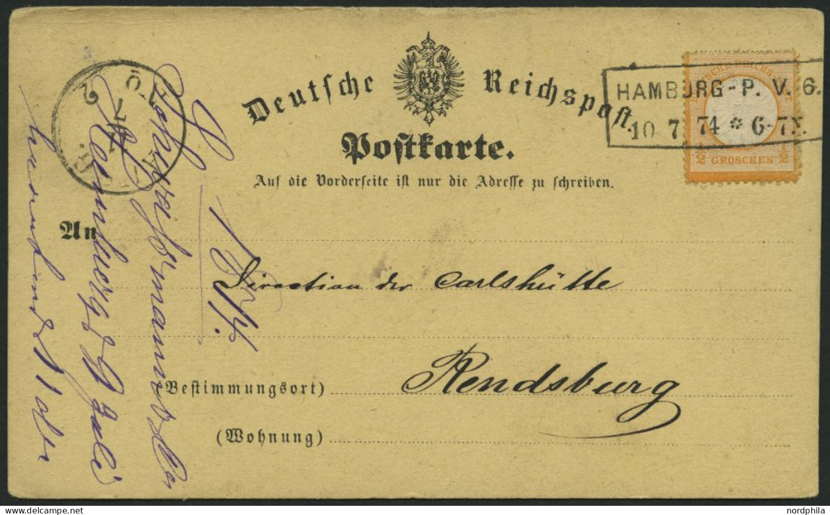 Dt. Reich 18 BRIEF, 1874, 1/2 Gr. Orange Auf Postkarte Mit R2 HAMBURG-P.V.6, Nach Rendsburg, Pracht - Storia Postale