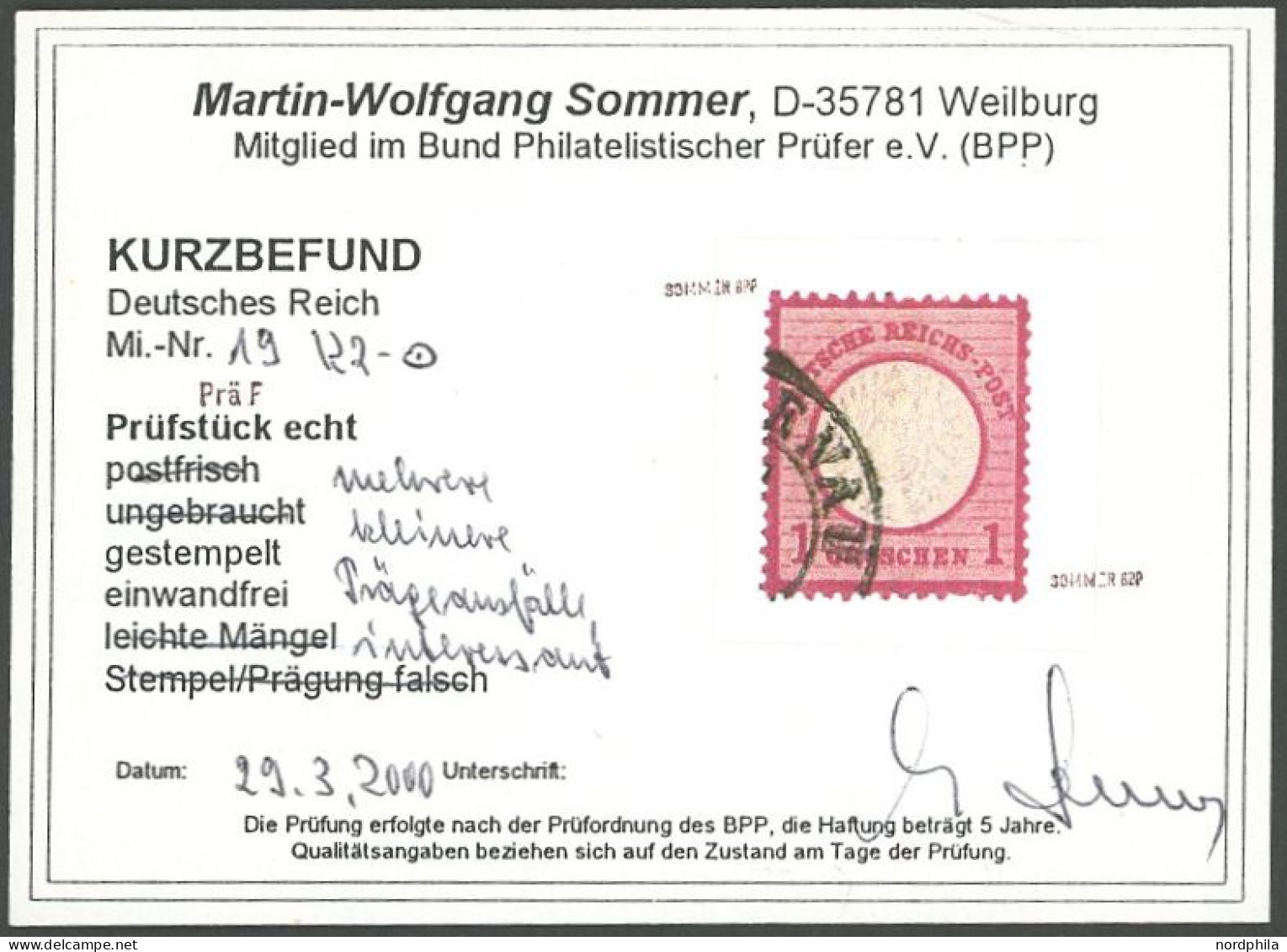 Dt. Reich PräF. O, 1872, 1 Gr. Rotkarmin Mit Mehreren Kleinen Prägeausfällen, Pracht, Fotobefund Sommer - Other & Unclassified