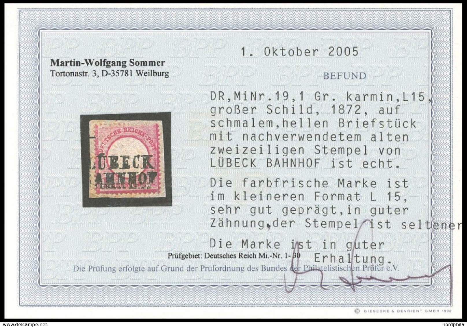 Dt. Reich 19 BrfStk, 1872, 1 Gr. Rotkarmin, Kleines Format (L 15) Auf Briefstück Mit L2 LÜBECK BAHNHOF, Prachtbriefstück - Andere & Zonder Classificatie