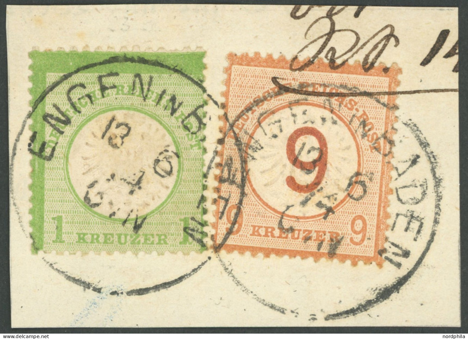 Dt. Reich 23a,30 BrfStk, 1872, 1 Kr. Gelblichgrün Und 9 Auf 9 Kr. Braunorange, K1 ENGEN IN BADEN, Dekoratives Kabinettbr - Andere & Zonder Classificatie