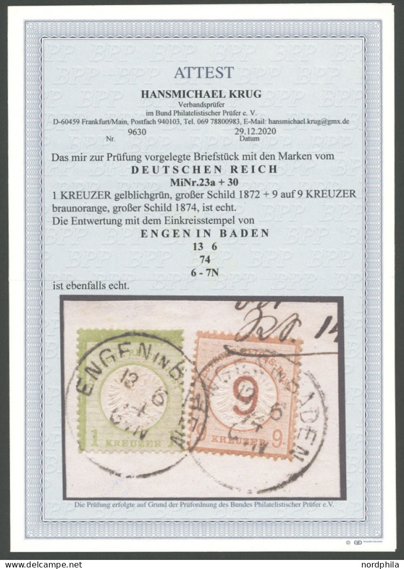 Dt. Reich 23a,30 BrfStk, 1872, 1 Kr. Gelblichgrün Und 9 Auf 9 Kr. Braunorange, K1 ENGEN IN BADEN, Dekoratives Kabinettbr - Altri & Non Classificati