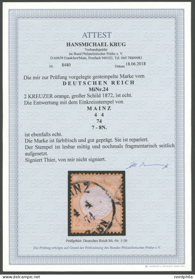 Dt. Reich 24 O, 1872, 2 Kr. Orange, K1 MAINZ, Repariert, Farbfrisch Und Gut Geprägt, Fotoattest Krug, Mi. 3200.- - Other & Unclassified