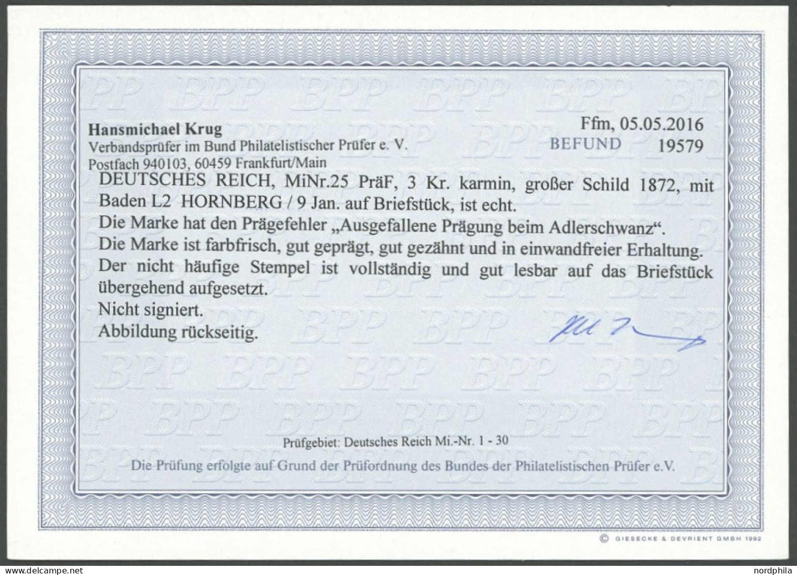 Dt. Reich 25 PräF. BrfStk, 1872, 3 Kr. Rotkarmin Mit Prägeausfall Ausgefallene Prägung Beim Adlerschweif, L2 HORRNBERG,  - Andere & Zonder Classificatie