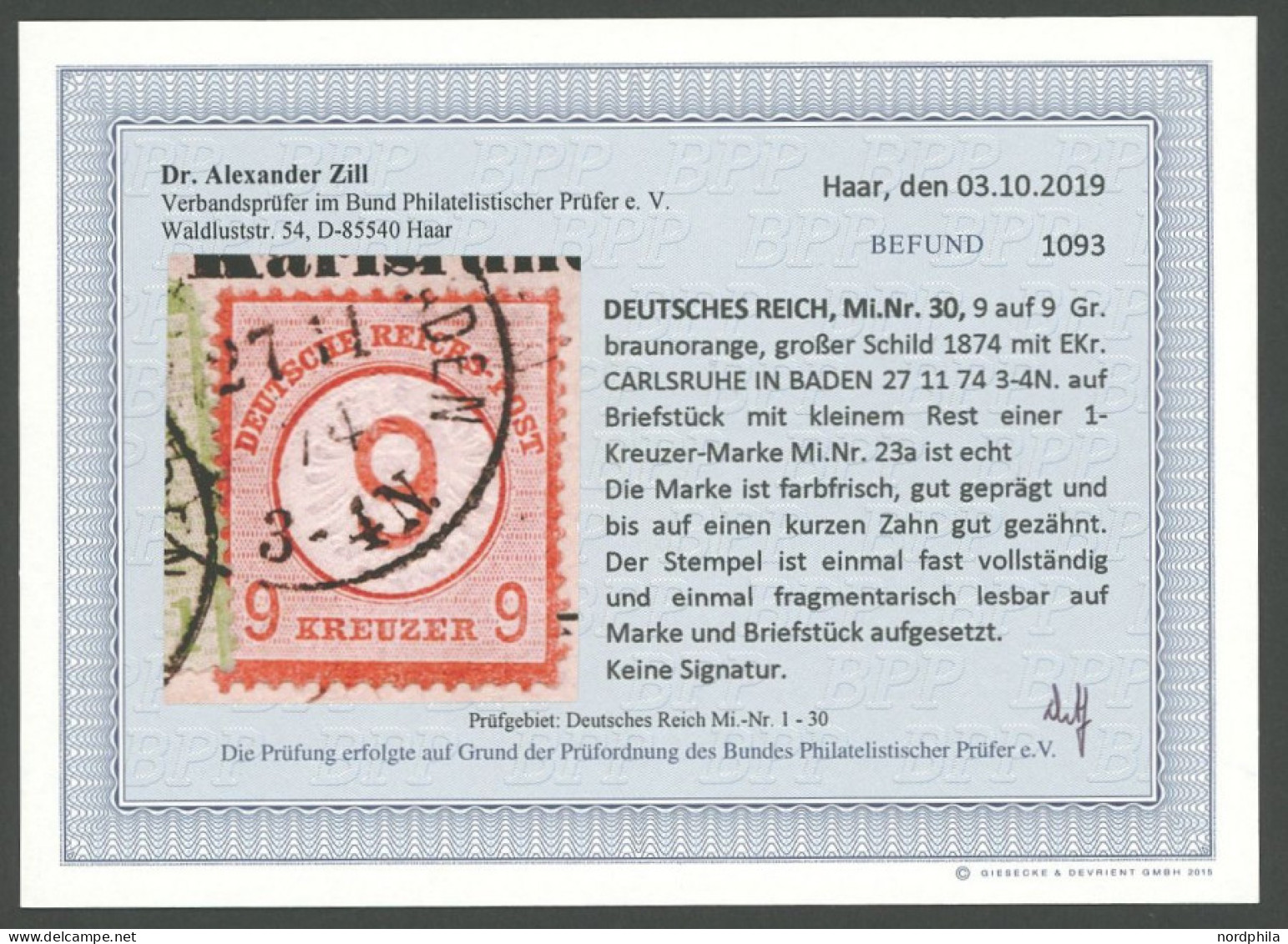 Dt. Reich 30 BrfStk, 1874, 9 Auf 9 Kr. Braunorange, Ein Kurzer Zahn Sonst Prachtbriefstück, Fotobefund Dr. Zill, Mi. 650 - Other & Unclassified