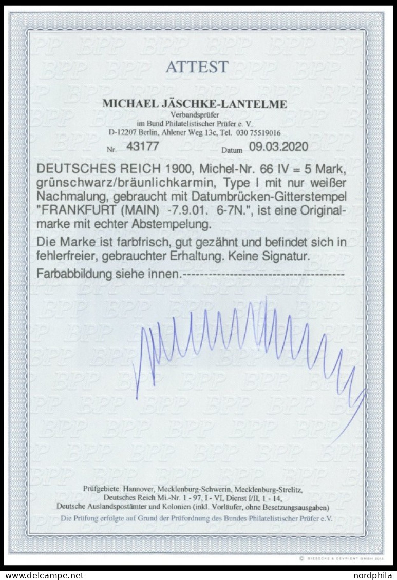 Dt. Reich 66IV O, 1900, 5 M. Reichspost, Type I, Nachmalung Nur Mit Deckweiß, Pracht, Fotoattest Jäschke-L., Mi. 800.- - Gebraucht