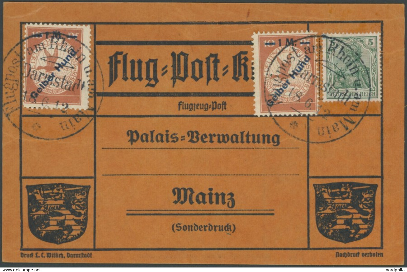 Dt. Reich IV BRIEF, 1912, 1 M. Auf 10 Pf. Gelber Hund, 2x Auf Flugpostkarte Mit Sonderstempel Darmstadt 18.6.12, Karte L - Lettres & Documents
