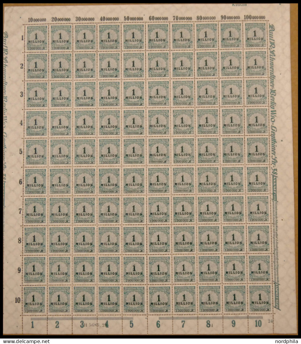 Dt. Reich 314P , 1923, 1 Mio. M. Blaugrün, Plattendruck, Im Bogen (100), Feld 11 Mit Abart Fleck Im Linken Oberen Postho - Autres & Non Classés