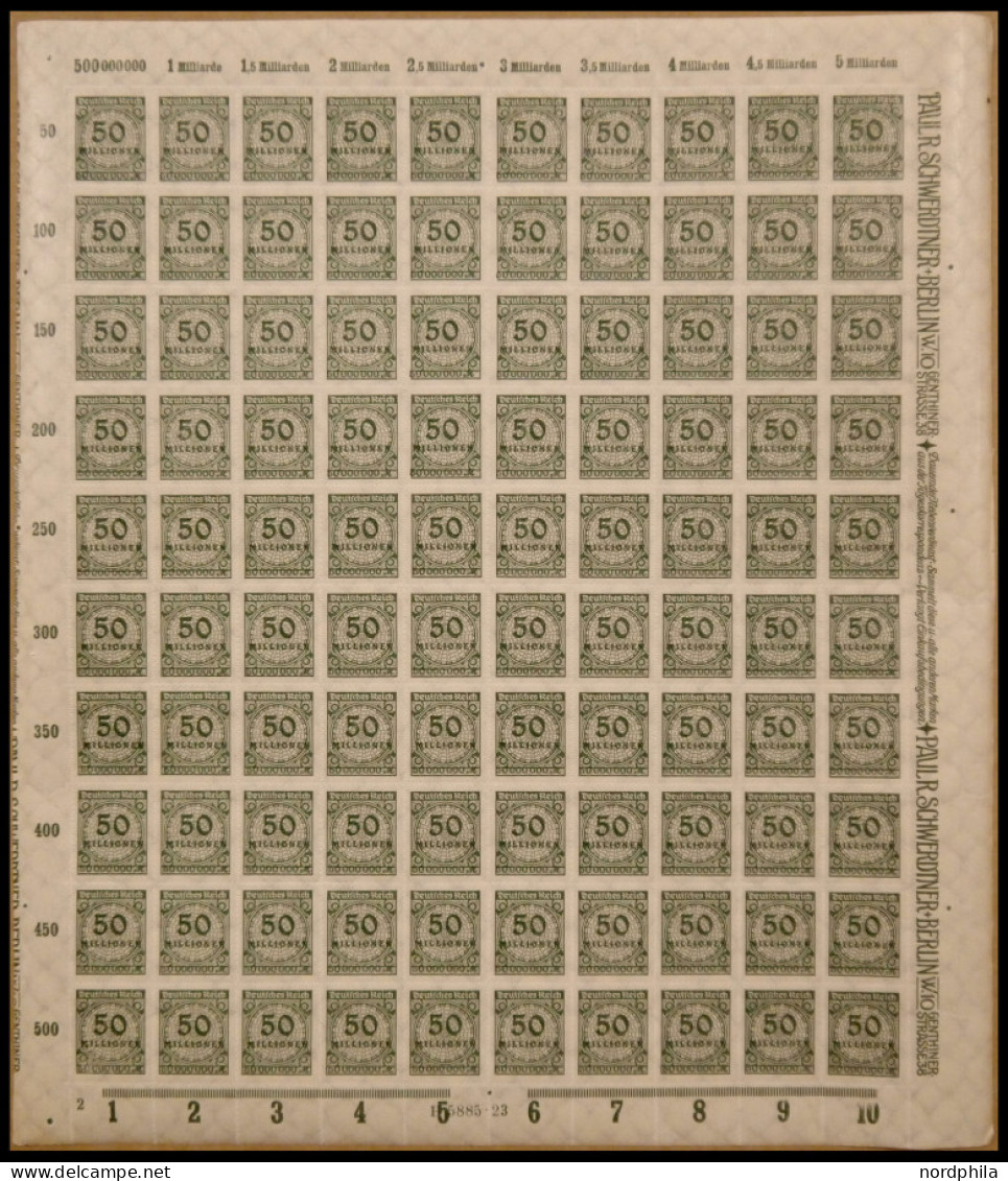Dt. Reich 321B , 1923, 50 Mio. M. Schwärzlicholivgrün, Durchstochen, Im Bogen (100), Postfrisch, Pracht - Other & Unclassified